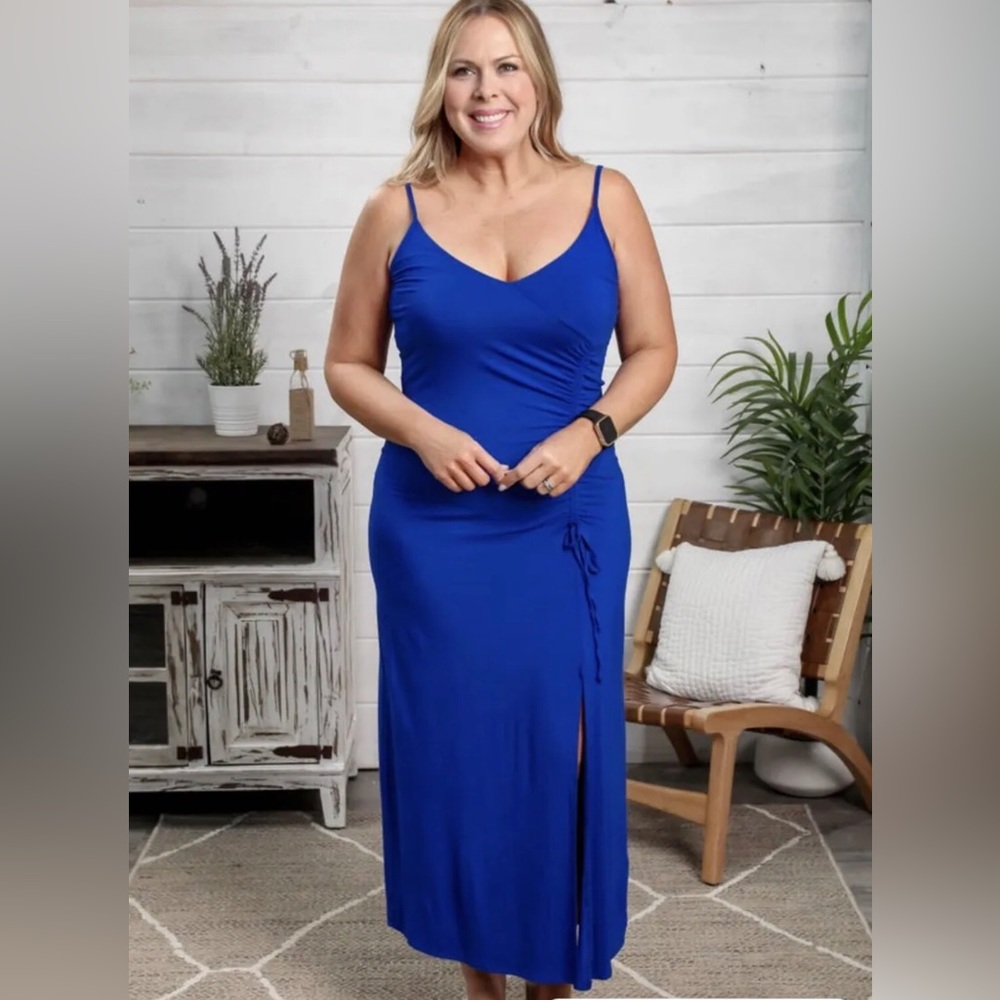 Blu Heaven Sleeveless Dress Size Large Royal Blue Side Ruching Soft New No Tags